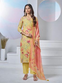 Seerat - Women Yellow Floral Printed Kurta with Pant and Dupatta