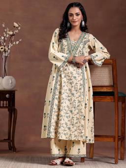 Libas - Women Beige Floral Printed Kurta with Palazzo and Dupatta