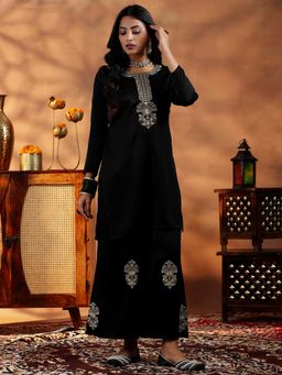 Libas - Women Black Embroidered Sequined Work Kurta with Palazzo