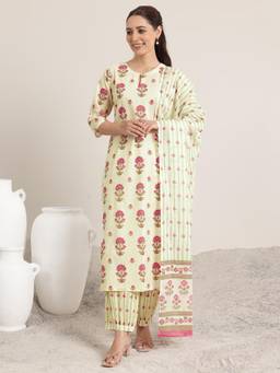 Libas - Off White Printed Cotton Straight Suit Set With Dupatta