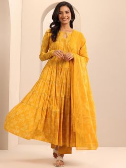 Libas - Women Mustard Printed Anarkali Kurta with Pant and Dupatta