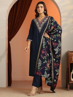 Libas - Women Navy Blue Floral Embroidered Kurta with Pant and Dupatta