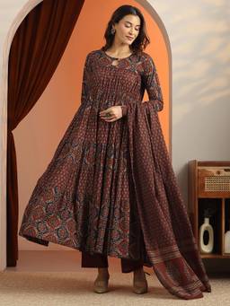 Libas - Women Rust Floral Printed Anarkali Kurta with Pant and Dupatta