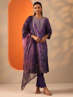 Libas - Women Purple Floral Embroidered Kurta with Pant and Dupatta