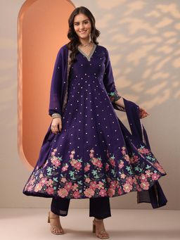 Libas - Women Purple Floral Embroidered Anarkali Kurta with Pant and Dupatta