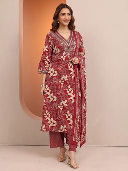 Libas - Women Red Floral Printed Kurta with Pant and Dupatta