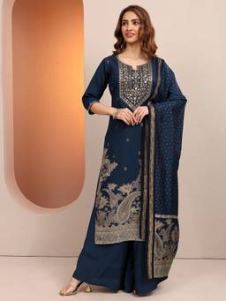 Libas - Women Navy Blue Paisley Embroidered Kurta with Palazzo and Dupatta