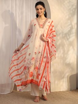 Libas - Women Off White Floral Printed Kurta with Pant and Dupatta