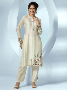 Libas - Women Off White Floral Embroidered Kurta with Pant