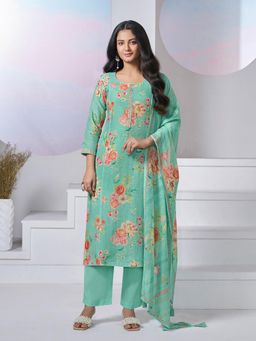 Seerat - Women Turquoise Floral Printed Kurta with Pant and Dupatta