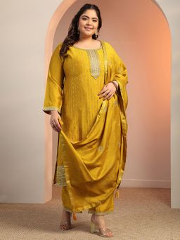 Extra love by Libas - Women Mustard Embroidered Sequined Work Kurta with Pant and Dupatta