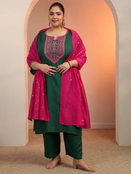 Extra love by Libas - Plus Size Green Woven Design Rayon Straight Suit Set With Dupatta