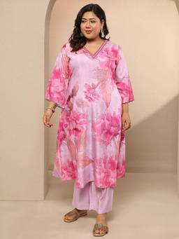 Extra love by Libas - Plus Size Pink Printed Muslin A-Line Kurta Set