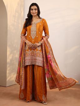 Libas Art - Women Orange Embroidered Sequined Work Kurti with Palazzo and Dupatta