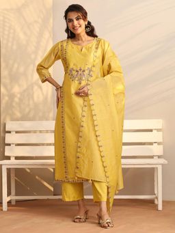 Libas - Women Yellow Embroidered Thread Work Kurta with Pant and Dupatta