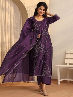 Libas - Women Purple Floral Embroidered Kurta with Pant and Dupatta