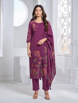 Seerat - Women Wine Floral Printed Kurta with Pant and Dupatta