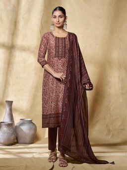 Seerat - Women Brown Floral Printed Kurta with Pant and Dupatta