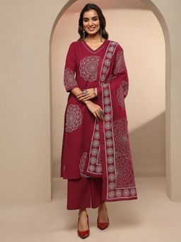 Libas - Women Maroon Printed Mirror Work Kurta with Palazzo and Dupatta