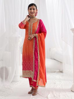 Libas - Women Orange Bandhani Printed Kurta with Pant and Dupatta