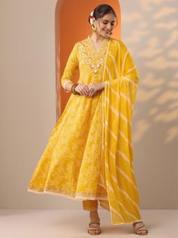 Libas - Women Yellow Floral Printed Anarkali Kurta with Pant and Dupatta