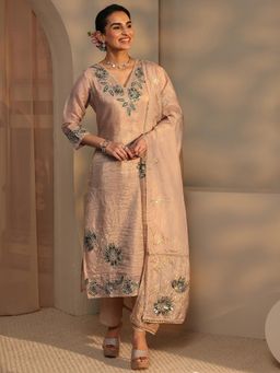 Libas - Women Beige Floral Embroidered Kurta with Pant and Dupatta