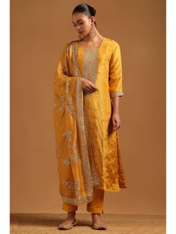 Soch - Women Mustard Floral Sequined Work Kurta with Pant and Dupatta