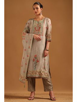 Soch - Women Beige Printed Beads-Stone Work Kurta with Pant and Dupatta