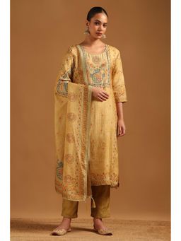Soch - Women Yellow Printed Beads-Stone Work Kurta with Pant and Dupatta