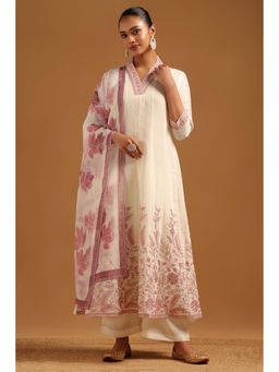 Soch - Women White Floral Embroidered Anarkali Kurta with Palazzo and Dupatta