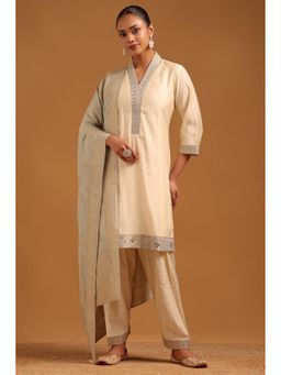 Soch - Women Cream Floral Mirror Work Kurta with Salwar and Dupatta