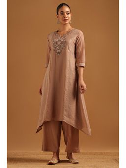 Soch - Women Brown Embroidered Beads-Stone Work Kurta with Palazzo