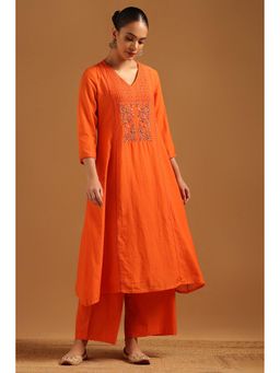 Soch - Women Orange Embroidered Beads-Stone Work Kurta with Palazzo