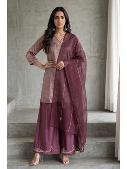 Folksong - Women Mauve Embroidered Sequined Work Kurta with Sharara and Dupatta