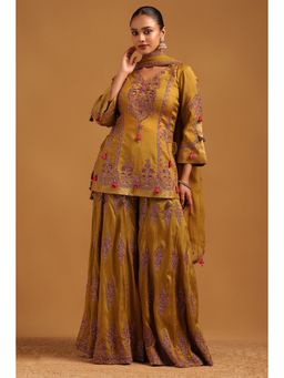 Soch - Women Mustard Embroidered Beads-Stone Work Kurti with Palazzo and Dupatta