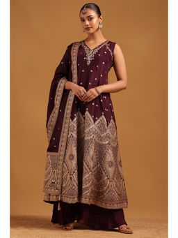 Soch - Women Burgundy Woven Stone Work Kurta with Palazzo and Dupatta