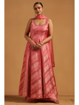 Soch - Women Pink Woven Stone Work Anarkali Kurta with Palazzo and Dupatta