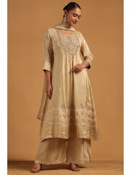 Soch - Women Beige Woven Mirror Work Anarkali Kurta with Palazzo and Dupatta