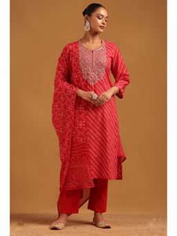 Soch - Women Red Embroidered Leheriya Kurta with Pant and Dupatta