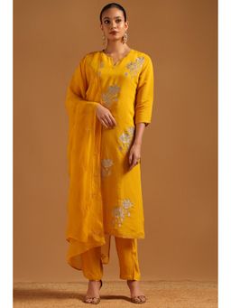 Soch - Women Mustard Embroidered Sequined Work Kurta with Pant and Dupatta