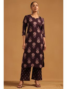 Soch - Women Burgundy Floral Beads-Stone Work Kurta with Pant