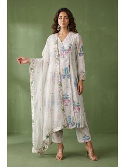 Wishful - Floral Embroidered White Angarkha Kurta with Pant and Dupatta