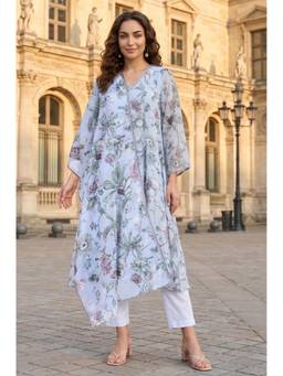 W - Blue Floral Printed Kurta with Pant and Dupatta