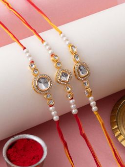 PANASH - Gold Plated Stone Studded Thread Rakhi with Roli Chawal (Pack Of 3)