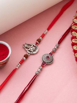 PANASH - Red Silver Plated Stone Studded Thread Rakhi with Roli Chawal (Pack Of 2)