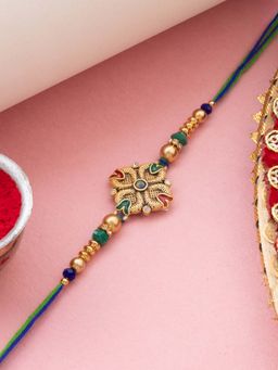 PANASH - Gold Plated Stone Studded Thread Rakhi With Roli Chawal