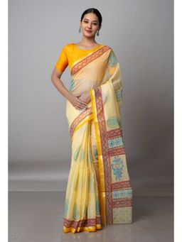 Unnati Silks - Light Yellow Pure Block Printed Kota Cotton Saree with Unstitched Blouse