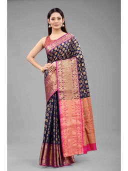 Silk Land - Banarasi Silk Woven Saree with Unstiched Blouse Piece Navy Blue with Unstitched