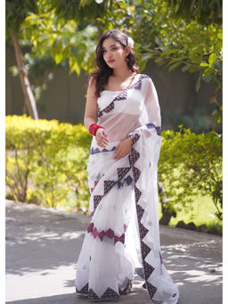 The Raksha Store - Women White Woven Saree with Unstiched Blouse