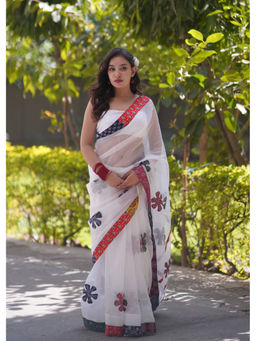 The Raksha Store - Women White Woven Saree with Unstiched Blouse